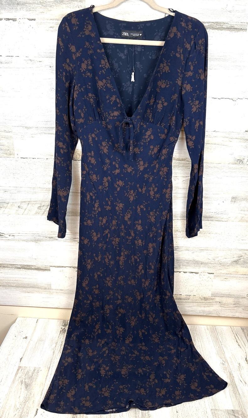 Zara Womens M Dark Blue Tan Floral Maxi Dress Boho Lightweight NWT